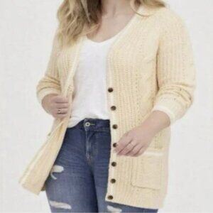 Torrid 5x Pale Yellow With White Striped Trim Cable Knit Cardigan Sweater